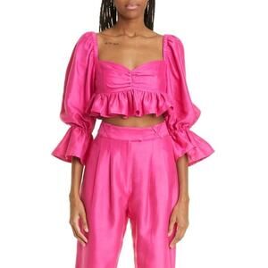 Alemais Blaire Fuchsia Pink Ruffle Blouson Silk Blend Crop Top Size 2 New